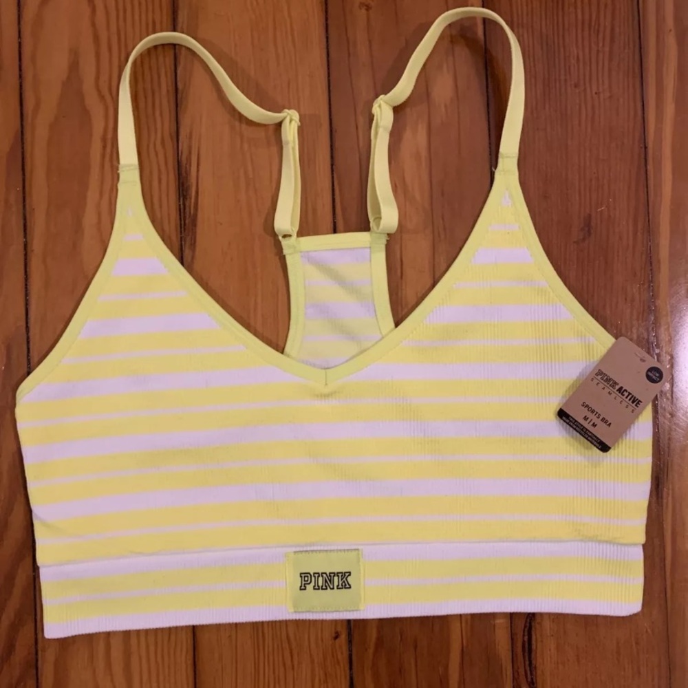 NWT Victoria’s Secret PINK Active Sports Bra Seamless Yellow & White Size Medium